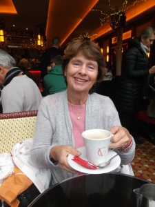 Gwendominica enjoys her first cafe au lait on the Champs d'Elysses. After a very long flight, very little sleep and a confused internal; clock, it certainly tasted sweet!